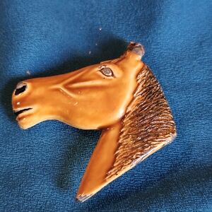 Vintage Ceramic Horse Head Brooch - Brown